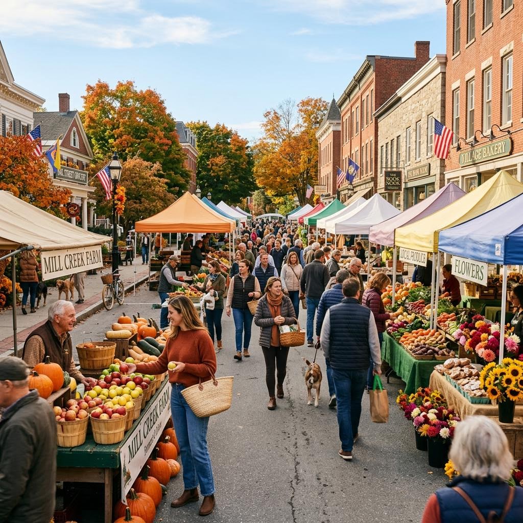 Illustrative interior spread concept: a local farmers market on a sunny morning